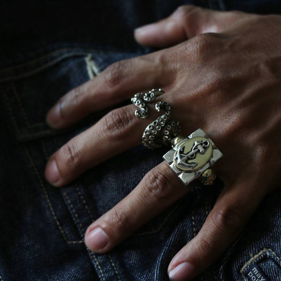 Mexican Biker anchor Navy Ring Skull sterling silver brass Vintage world  war sailor men