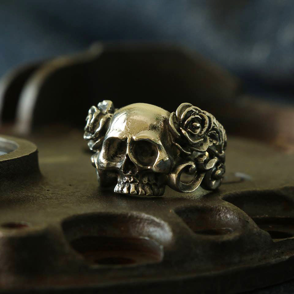 skull ring silver Skeleton rose Flower Biker Gothic Punk MAN