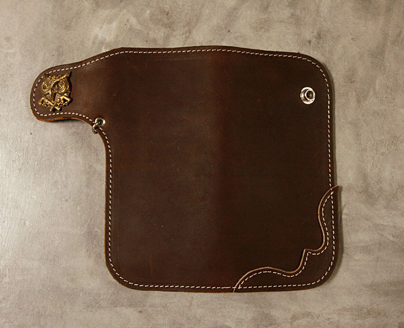 Biker long Wallet chain brass Genuine Leather Brown owl Old