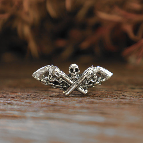 Twin guns skull Biker sterling silver Ring cowboy western men revolver lucky man