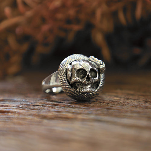 skull snake circle for men sterling silver ring 925 Boho biker gothic viking cobra