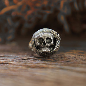 skull snake circle for men sterling silver ring 925 Boho biker gothic viking cobra