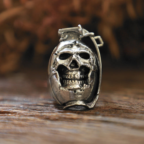 skull hand grenade made of sterling silver ring 925 for men Military