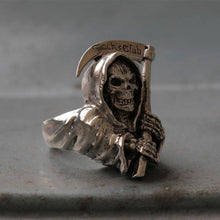 grim reaper Biker Ring silver skull Death scythe bone Statue Skeleton Halloween