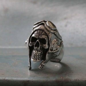 Skull aviator Biker Ring sterling silver crossbones air Force helmet Usa