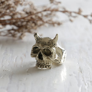Memento Mori horn skull ring sterling silver 925 Jewelry heavy metal gothic black biker handmade