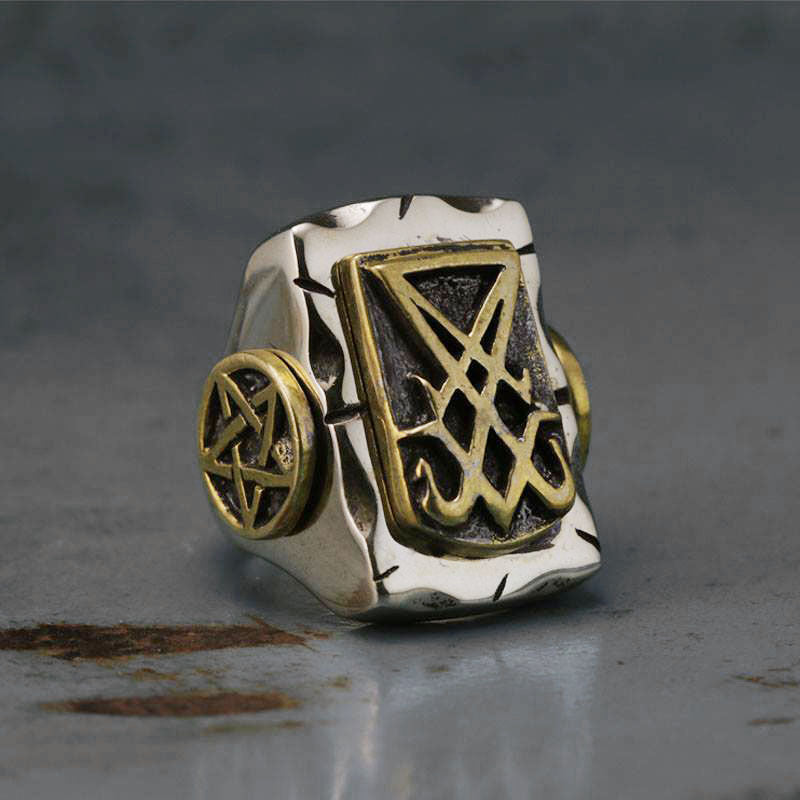 Sigil Lucifer biker Ring sterling silver brass Baphomet Pentagram vintage Seal of Satan