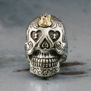 Mexican Biker Skull sugar Ring sterling silver Cross Blessed Virgin Mary