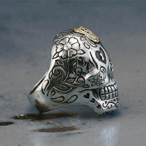 Mexican Biker Skull sugar Ring sterling silver Cross Blessed Virgin Mary