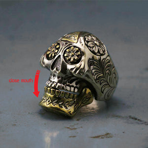 Mexican Biker Skull sugar Ring sterling silver 925 illuminati flower Gothic