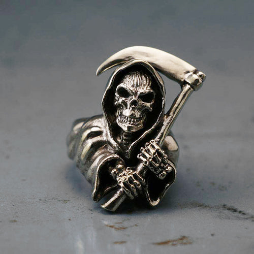 grim reaper Biker Ring silver sterling skull Death scythe bone Statue Skeleton sickle