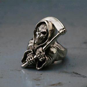 grim reaper Biker Ring silver sterling skull Death scythe bone Statue Skeleton sickle