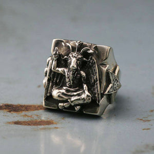 Baphomet biker Ring sterling silver Seal of Satan Pentagram Sigil Illuminati Goat