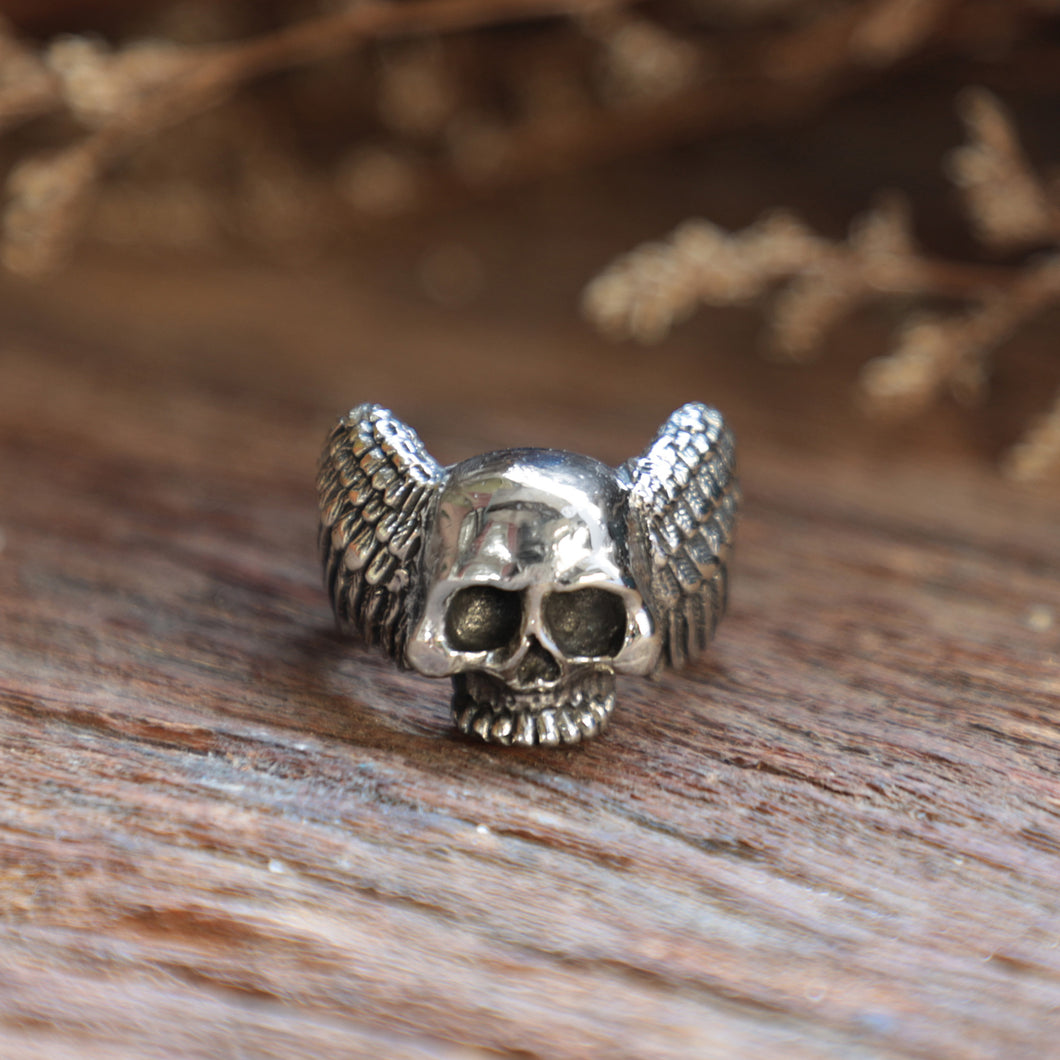 Bird wings skull men sterling silver Ring 925 gothic biker halloween zombie bone