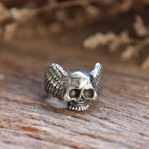 Bird wings skull men sterling silver Ring 925 gothic biker halloween zombie bone
