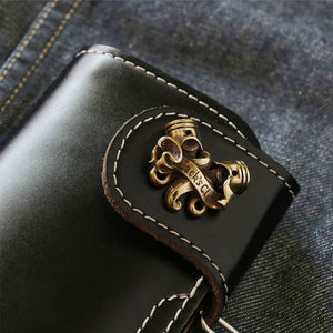 Biker long Wallet chain brass Genuine Leather black Piston cross skull handmade