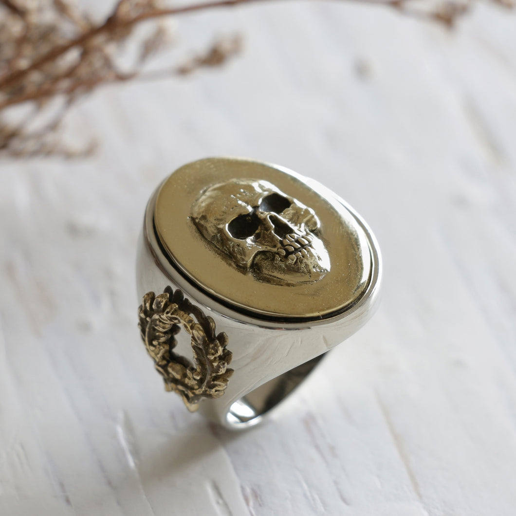 Memento Mori Biker Skull Ring sterling silver 925 Men's Gifts for Him Signet Fathers Day Olive branch