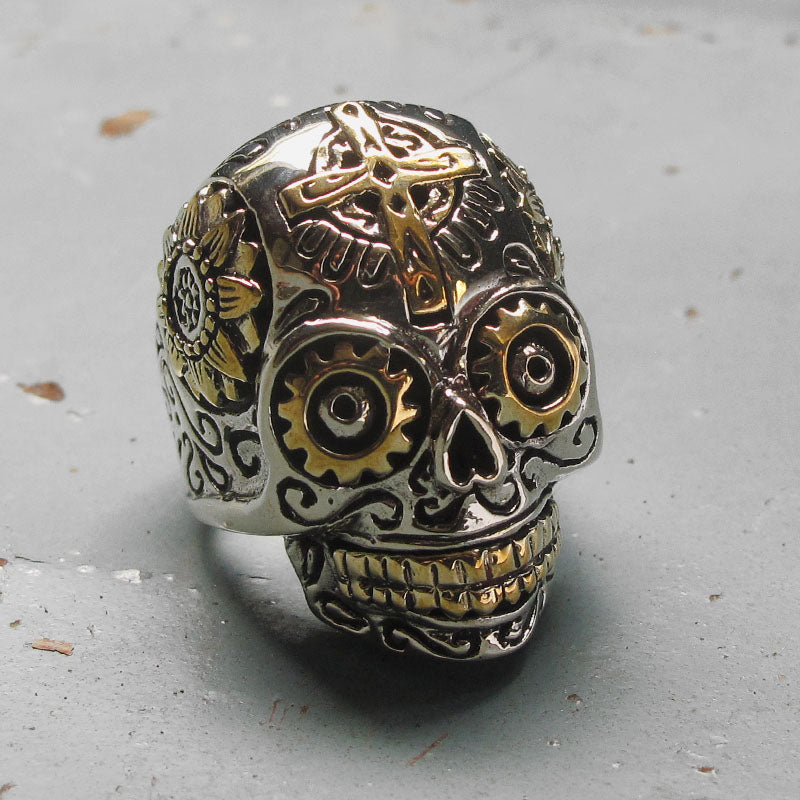 Mexican Biker Skull sugar Ring sterling silver 925 Gothic Cross