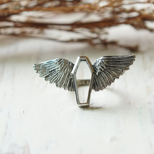 coffin Angel Wings silver ring gothic jewelry alchemy odd women satanic occult punk 925