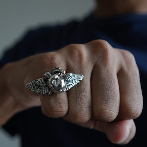 Human Heart Angel Wings for women made of sterling silver ring 925 boho style