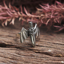Medieval sword Bat wing sterling silver ring 925 gothic Biker man viking warrior