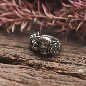 skull flower rose made of sterling silver ring 925 for men vintage style