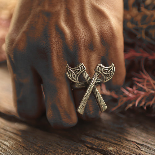 Crossed axes Odin silver ring viking bike jewelry pagan Totem Huginn and Muninn