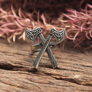 Crossed axes Odin silver ring viking bike jewelry pagan Totem Huginn and Muninn