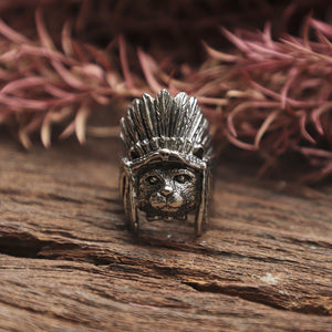 cat feather headdress sterling silver ring western apache Biker boho animal pet