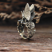 butterfly and flowers Ring for unisex made of sterling silver 925 Boho style