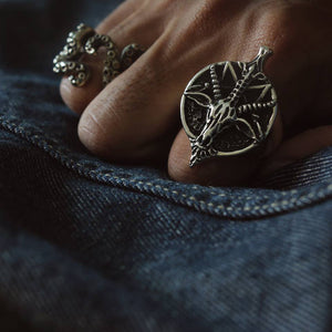 Goat Biker Rings sterling silver biker Satan Baphomet Pentagram alien Satanic
