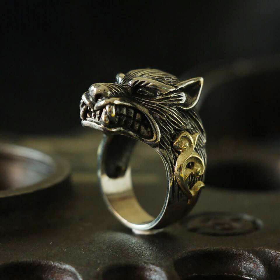 wolf viking ring sterling silver brass Biker Men Odin Punk Jewelry fox animal