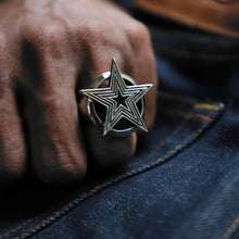 Double stars circle sterling silver ring men made biker boho gothic style