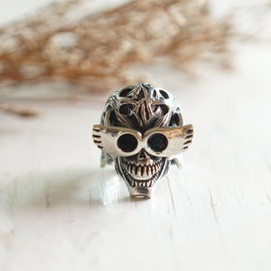 monster and Glasses skull for men made of sterling silver ring 925 biker style