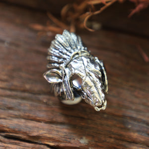 deer Skull indian feather headdress sterling silver ring 925 for men made biker style