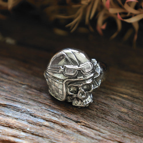 Skull Biker sterling silver ring for men Helmet gothic viking chopper bobber custom