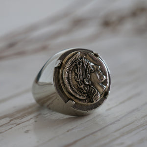 Ancient Greek Coin Ring Signet Silver 925 Men Alexander Biker Athena Goddess