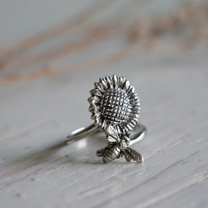 honey Bee sunflower Ring Sterling Silver 925 Statement Nature Adjustable couple boho