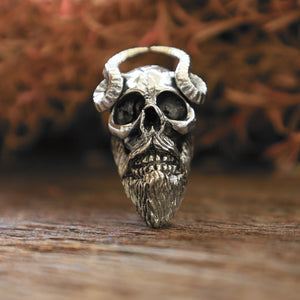 Horned goat skull for men sterling silver ring 925 satanism biker monster pentagram