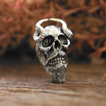 Horned goat skull for men sterling silver ring 925 satanism biker monster pentagram