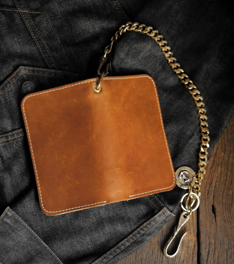 Mascorro Men's Mid-Size Tri-Fold Biker Styled Chain Wallet, Genuine Leather Brown PU325