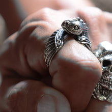 Flying dragon Odin Ravens Ring unisex sterling silver viking pagan biker skull