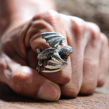 Flying Odin Ravens Ring unisex sterling silver viking fantasy pagan biker skull