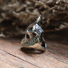 Horned goat ring men sterling silver 925 satanism biker monster pentagram animal