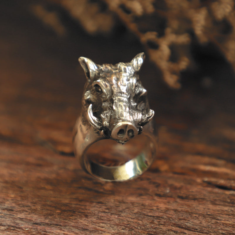 925 Sterling Silver Oxidized Wild Boar Head Ring, Pig Ring For Men, Animal Lover Jewelry, Swine Biker hot Ring, Gift For Him