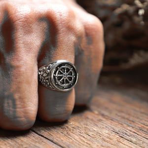 Ship's wheel Pirate Ring men sterling silver 925 Flower boho captain crossbone