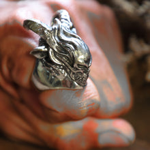 Fire skull Horned goat ring men sterling silver satanism biker baphomet lucifer