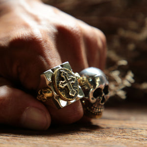 Cross Jesus ring Mexican Biker Skull Vintage Christ sterling silver brass 925