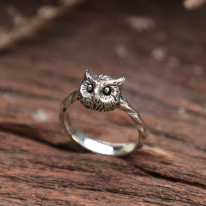 Owl head unisex sterling silver Ring 925 Boho feather angel gothic minimal cute