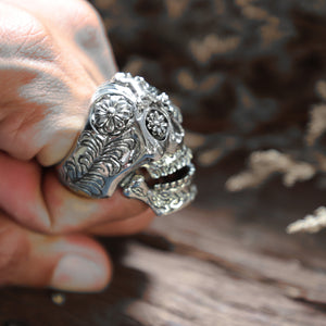 Skull sugar Skittish horse sterling silver ring 925 biker men Mexican gothic viking